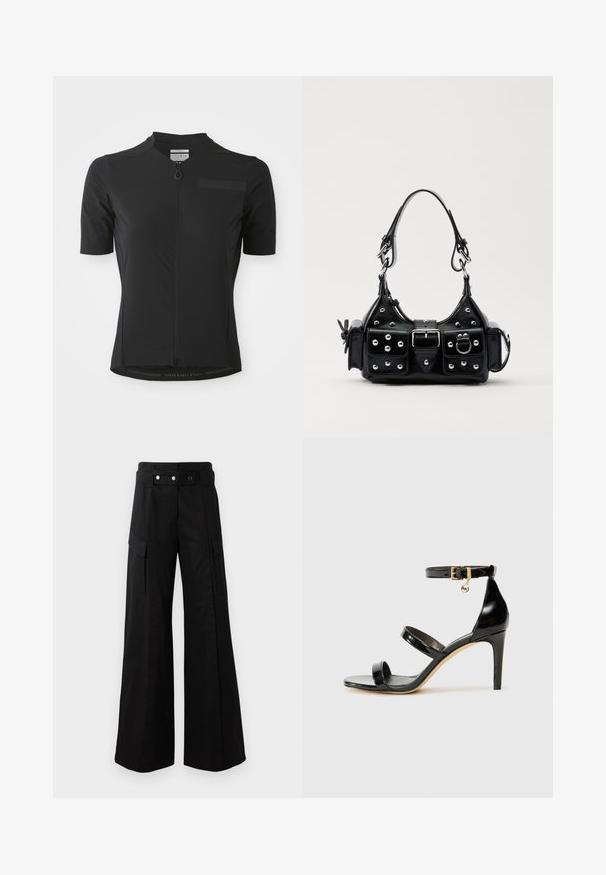 Juodas dviratininkų džersis, pagamintas iš drėgmę sugeriančios medžiagos; turi trumpą užtrauktuką, trumpas rankoves ir logotipą apatiniame krašte.; Juodos platėjančios kelnės su aukštu juosmeniu, turinčios dideles šonines kišenes, dvi priekinės mygtukus ir kilpelės detalę. Pagamintos iš tvirto audinio.; Juodas patentuotas odinis sandalai su trimis diržais, kulkšnies sagtimi ir 4 colių stiletto kulnu. Yra aukso detalės ir logotipo žavesys.; Juodas odinis rankinukas su kreiviu dizainu, su sidabro spalvos knopkėmis, užsegimu ir dviem šoninėmis kišenėmis. Reguliuojama dirželis nešimui.