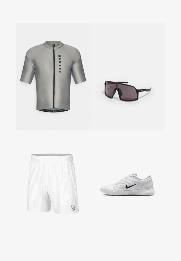 Kortermet sykkeltrøye i glatt grått stoff med glidelås foran, med en svart "OAKLEY" logo og en tettsittende design.; Hvite sportsshorts laget av lettvektstoff med elastisk midjebånd, med to sidelommer og en liten svart logo på kanten.; Hvit atletisk sko med teksturert mesh-overdel, svart Nike-svush, polstret krage og gummisåle med mønster.; Svarte rektangulære solbriller med mørke linser, bred ramme og slanke svarte armer. Har en logo på stengene. Glatt tekstur.