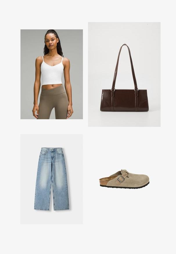 Weißes, bauchfreies Tanktop mit dünnen Trägern und V-Ausschnitt. Kombiniert mit hochgeschnittenen, hellbraunen Leggings. Glatte Stofftextur.; Helle blaue, weit geschnittene Jeans mit hoher Taille, mit einem verwaschenen Finish, fünf Taschen und geradem Schnitt.; Beige Wildledersandalen mit abgerundeter Zehenpartie, verstellbarem Riemen und Schnalle, Korkzwischensole und strukturiertem schwarzen Gummisohle für besseren Halt.; Braune Lackleder-Handtasche in rechteckiger Form, mit zwei langen Griffen und subtilen, geschwungenen Akzenten auf der Vorderseite.