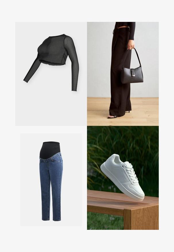 Fekete áttetsző hosszú ujjú crop top pöttyös mintával, kerek nyakkivágással és testhez simuló szabással. Könnyű anyag növeli az átláthatóságot.; Kismamaruhák kék farmer lábakkal és fekete rugalmas haspanellel, amely a növekvő pocakot támogatja és fedi.; Fehér sportcipő sima szintetikus felsőrésszel, perforált lábujjrész, lapos fűzőkkel és texturált talppal, fából készült felületen kihelyezve.; Fekete kézi táska strukturált formával, sima textúrával és fémből készült záródással. Széles fekete nadrággal és nyitott orrú szandállal párosítva, fából készült padlón.