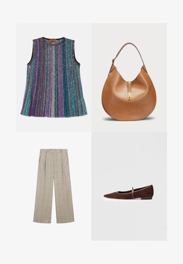 Missoni TANK  - Top - dark tones multicolor; Pantaloni a gamba larga beige a quadri con un tessuto testurizzato, pieghe frontali, tasche laterali e una cintura per una vestibilità sicura.; Scarpa piatta in suède marrone con punta affilata, caratterizzata da una sottile cinturino e un accento in metallo dorato. La scarpa ha un tacco basso e bordi grigi.; Borsa a tracolla in pelle color cuoio dalla forma curvata e con una larga tracolla. Presenta un accento in metallo dorato al centro e una superficie liscia.