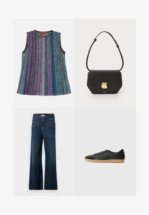 Missoni TANK - Top - dark tones multicolor; Wide-leg jeans made of dark blue denim, featuring a high waistband, two front pockets, and contrasting stitching detail.; Black leather sneaker with suede accents, round toe, gum rubber sole, flat laces, and stitched detailing. Features brand logo on heel.; CLOSED CLOSED ONE - Cross body bag - black