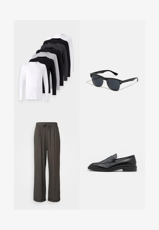 Long-sleeve T-shirt set in black, white, and gray colors. Cotton material, crew neck design, smooth texture without patterns or accents.; Dark gray wide-leg pants with a drawstring waist, made of a soft, textured fabric, featuring rolled cuffs at the ankles.; Black leather loafers with a smooth finish, featuring a rounded toe and a narrow band across the upper. Low stacked heel.; Black sunglasses with a rectangular shape, dark lenses, silver accents at the temples, and a matte finish on the frame.