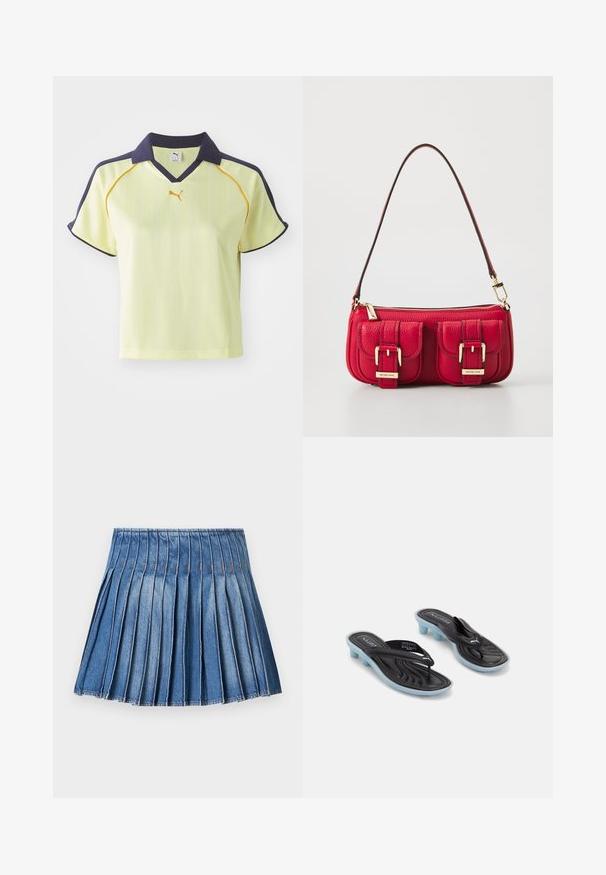 Gul polo skjorte med marineblå krage, vertikale striper og gule accenter. Har korte ermer og V-hals. Puma-logo på brystet.; Jeansbelte med plisseringer og en tettsittende midje, med vertikale plisseringer i en mellomblå farge og kontrasterende sømdetaljer.; Svart og blå Puma tøfler med lave blokkhæler og stroppestrapser på hvit bakgrunn.; Rød skinnveske med to frontlommer, gullfarget detaljer og glidelås. Har en buet skulderstropp og teksturert overflate.