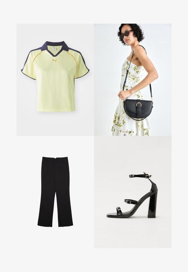 Gelbes Poloshirt mit marinefarbenem Kragen, vertikalen Streifen und gelben Akzenten. Mit kurzen Ärmeln und einem V-Ausschnitt. Puma-Logo auf der Brust.; Schwarze Hose mit geradem Schnitt, ausgestattet mit Fronttaschen und Seitenschlitzen am Saum. Hergestellt aus weichem, glattem Stoff. Geeignet für verschiedene Anlässe.; Schwarze patentierte Sandalen mit Absatz, quadratischer Spitze, Knöchelriemen und silbernen Schnallen. Mit einem stabilen Blockabsatz für mehr Stabilität.; Schwarze Lederhandtasche mit geschwungener Form, abnehmbarem Tragegurt und goldenen Beschlägen. Die Tasche verfügt über einen Deckel mit einer Schnallen-Details.