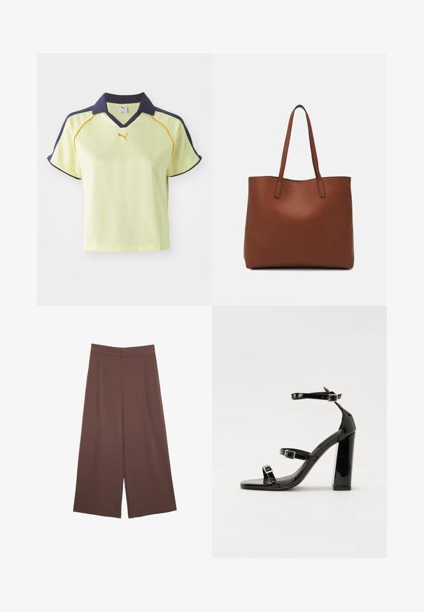 Žluté polo tričko s námořnickým límečkem, vertikálními pruhy a žlutými akcenty. Má krátké rukávy a výstřih do V. Logo Puma na hrudi.; Hnědé široké kalhoty s hladkou texturou, vysokým pasem a předními záhyby. Materiál je lehký a volně splývá.; Černé lakované sandály na podpatku se čtveratou špičkou, lýtkovými pásky a stříbrnými přezkami. Disponují masivním blokovým podpatkem pro stabilitu.; Hnědá kožená taška přes rameno s hladkou texturou, otevřeným designem a dvěma ramenními popruhy. Obsahuje minimální švy a žádné viditelné kovové prvky.