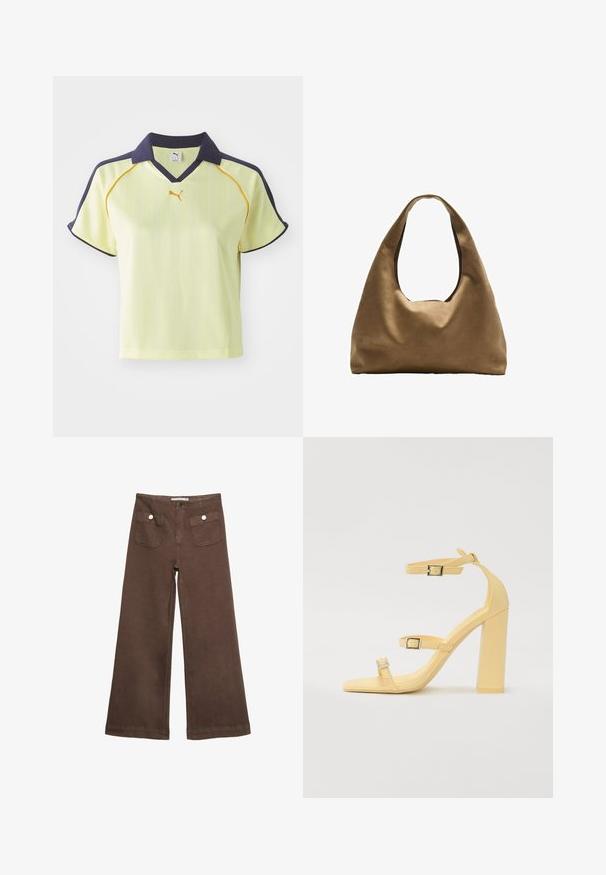 Keltainen polo-paita, jossa on tummansininen kaulus, pystysuorat raidat ja keltaiset yksityiskohdat. Ominaisuuksiin kuuluu lyhyet hihat ja V-kaula-aukko. Puma-logo rinnassa.; Ruske leve bukser i bomuld med to forlommer med sølvknapper og en glat overflade.; Keltaiset paksupohjaiset sandaalit, joissa on kolme säädettävää hihnaa, neliön muotoinen kärki, sileää synteettistä materiaalia ja hopeanväriset soljet.; Ruskea kangaskassi, jossa on leveä, pyöristetty muoto ja suuri leikattu kahva. Pehmeä pinta, minimalistinen muotoilu ja ei näkyvää metalliosaa.