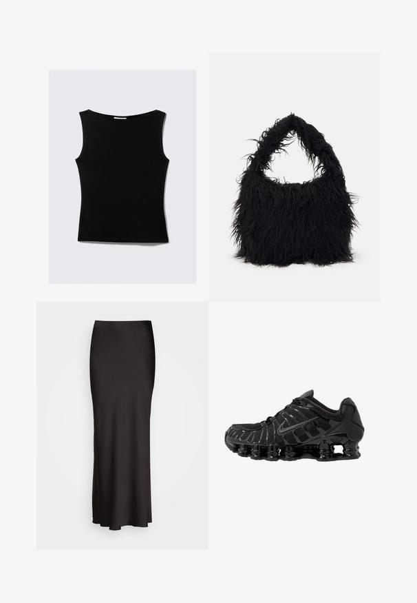 Top nero senza maniche con scollatura rotonda, realizzato in un tessuto liscio ed elasticizzato. Presenta una silhouette aderente e un design pulito e semplice.; Gonna in satin nera, lunga fino al pavimento, con una texture liscia, vita aderente e silhouette a forma di A, priva di decorazioni visibili o fantasie.; Scarpa sportiva nera con tomaia in mesh e sovrapposizioni lucide. Presenta un'imbottitura a molla curva e linee texturizzate sul lato. Logo Nike visibile.; Even&Odd Shopping bag - black