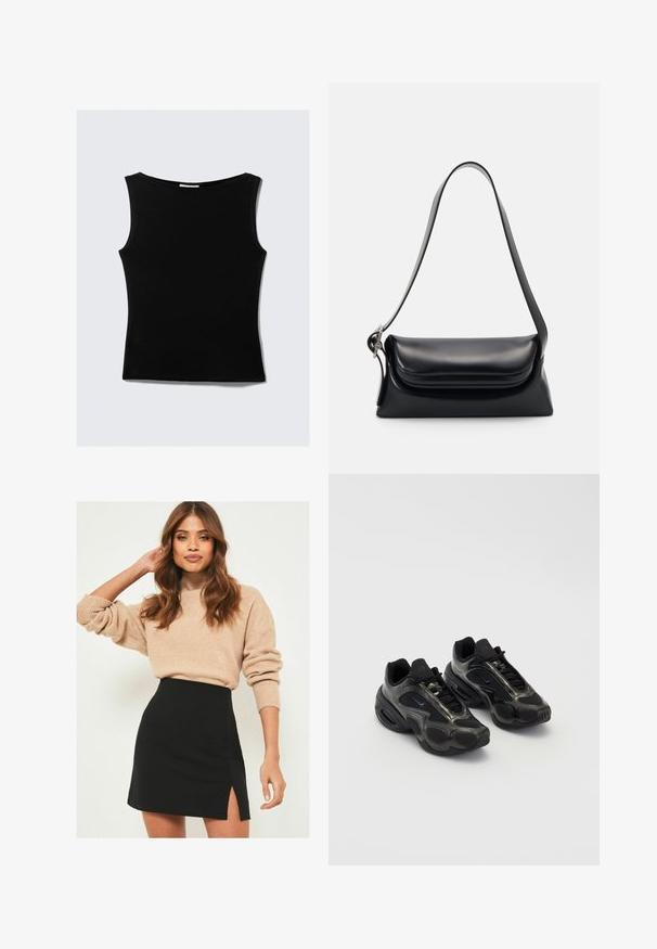 Musta hihaton toppi pyöreällä kaula-aukolla, valmistettu sileästä, joustavasta kankaasta. Siinä on istuva siluetti ja puhdas, yksinkertainen muotoilu.; Beige neulepaita, jossa on röyhelöhiha, yhdistetty mustaan mini-hameeseen, jossa on sivuaukko. Asu on rento mutta kuitenkin hyvin istuva.; Musta urheilukengät, joissa on synteettistä materiaalia, verkkomäisiä yksityiskohtia ja pyöristetyt pohjat. Varustettu nauhakiinnityksellä ja näkyvällä Nike-logoilla kengän kielessä.; Musta nahkainen käsilaukku, jossa on jämäkkä muoto, sileä pinta ja yksi olkahihna. Sisältää hienovaraisen, pyöristetyn läppädesignin.; Hopeakotoinen Casio kvartsikello, jossa on suorakaiteen muotoinen kellotaulu, analoogiset ja digitaaliset näytöt, ruostumattomasta teräksestä valmistettu ranneke sekä vedenkestävyysominaisuudet.