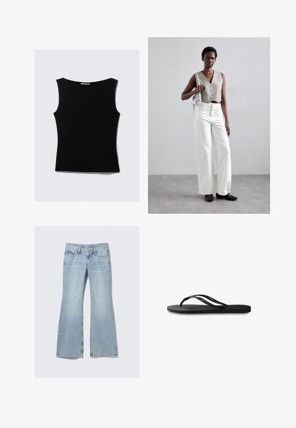 Sort ærmeløs top med rund halsudskæring, lavet af et glat, strækbart stof. Har en tætsiddende silhuet og et rent, simpelt design.; Weekday NOVA - Jeans Slim Fit - lip blue; Sorte flip-flop med en tekstureret gummisål, to slanke stropper og et subtilt, præget logodetalje på stroppen.; Grå cropped vest med knapper, parret med hvide wide-leg jeans og sorte flade sko. Accepteret med en lille sølv frynse taske.