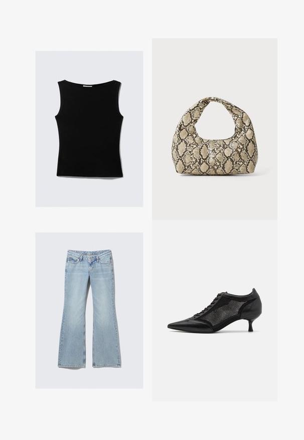 Schwarzes ärmelloses Oberteil mit rundem Ausschnitt, aus glattem, elastischem Material gefertigt. Hat eine taillierte Silhouette und ein klares, schlichtes Design.; Weekday NOVA - Jeans Slim Fit - lip blue; Schwarzer spitzer Schuh mit einem Mesh-Panel-Design, ausgestattet mit einem niedrigen Absatz und einer Schnürung vorne. Hergestellt aus einer Kombination von Leder und Mesh-Material.; Schlangenmuster-Tasche mit einem gebogenen Griff. Hergestellt aus strukturierten, beige- und braunfarbenen Materialien, die ein markantes Diamantmuster aufweisen.