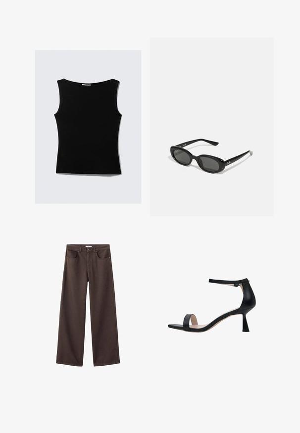 Black sleeveless top with a rounded neckline, made from a smooth, stretchy fabric. Features a fitted silhouette and clean, simple design.; Wide-leg denim pants in dark brown, featuring front pockets, a standard waistband, and a classic five-pocket design. Soft, sturdy texture.; Black leather heeled sandals feature an ankle strap, open toe, and a slim, sculpted heel. Minimalist design with smooth texture.; Black sunglasses with oval lenses, glossy plastic frame, and slender arms. Features Ray-Ban logo in white on the side.; Silver ring featuring two spherical elements, one larger than the other, with a smooth, reflective surface and a curved band design.