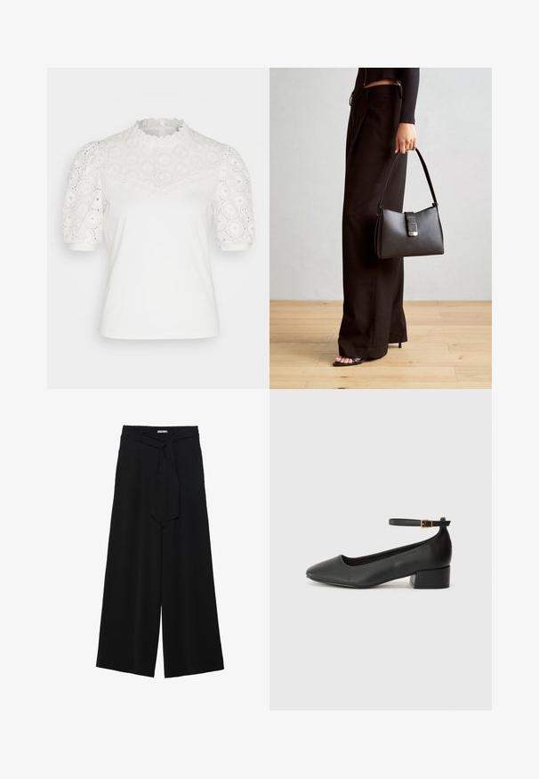 Hvid kortærmet top med blondeindsats og puffede ærmer, der har en bølget halsudskæring og cirkulære øje-mønstre på ærmerne.; Sorte vide bukser i en tekstureret stofkvalitet, med elastisk talje og et aftageligt bånd i taljen for justerbar pasform.; Sorte læderpumper med spids tå og en lav blokhæl. Har en ankelrem med en guldfarvet spænde. Glat tekstur.; Sort håndtaske med struktureret form, glat overflade og metalspænde. Sammen med brede sorte bukser og sandaler med åben tå på trægulv.