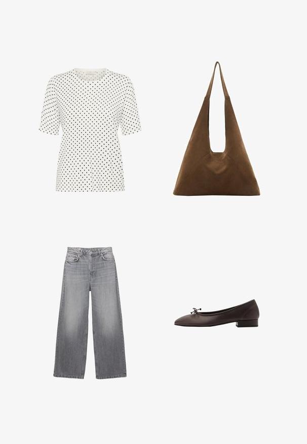 Weißes T-Shirt mit kurzen Ärmeln und rundem Ausschnitt, ausgekleidet mit einem Muster aus kleinen schwarzen Punkten. Weicher Stoff mit lockerer Passform.; Graue Jeans im weiten Schnitt mit hohem Bund, fünf Taschen, verwaschenem Finish und kontrastierenden Nähten. Verfügt über einen Knopfverschluss und Gürtelschlaufen.; Braune Leder-Balletschuhe mit runder Spitze und kleinem Blockabsatz. Mit einer dünnen Schleife an der Vorderseite und dezenten Steppnähten.; Braune Wildleder-Totebag mit einem dreieckigen Design, langen Schulterriemen und einem großen offenen Oberteil mit einem Ausschnittgriff.