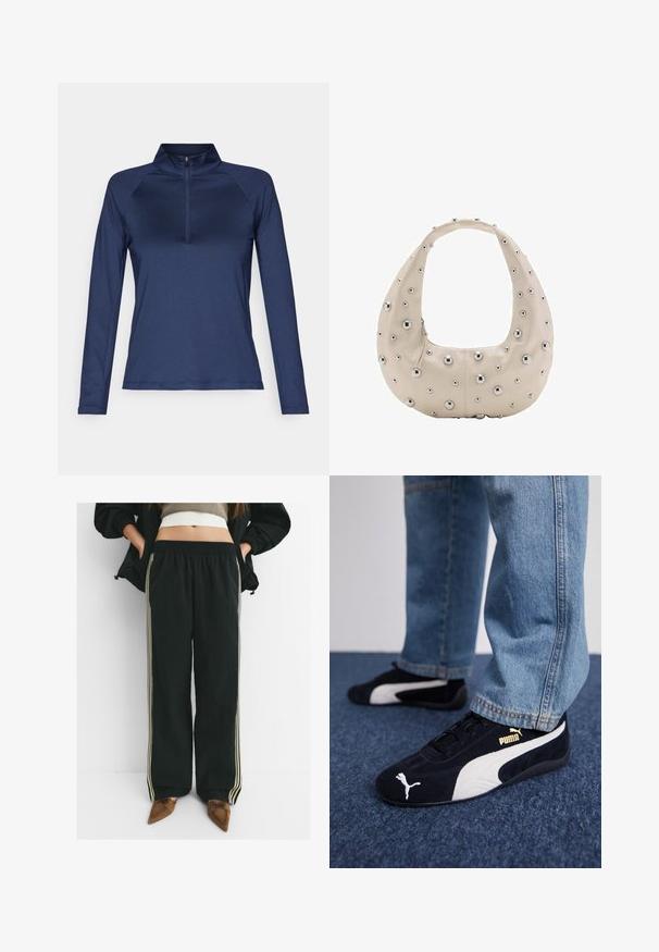 Morska dugosruka majica sa zipom napravljena od lagane, rastezljive tkanine s patentnim zatvaračem do četvrtine dužine i raglan rukavima za lakše kretanje.; Crne, široke jogger hlače s elastičnim pojasom i bočnim džepovima, s kontrastnim svijetlosmešavim prugama uz noge.; Crne suede tenisice s bijelim detaljima, s zlatnim logotipom. Nosene su s svijetloplavim trapericama i postavljene na teksturiranoj plavoj podlozi.; Bež torba od kože u obliku hobo, s metalnim srebrnim ukrasima različitih veličina po površini, kontrastnim zatvaračem.