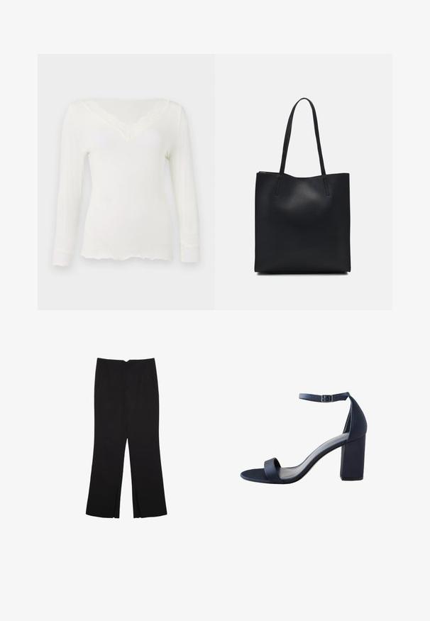 Hvid langærmet skjorte med blondertrim ved V-halsen og manchetterne, der har en blød, tætsiddende silhuet og bølget kant.; Sorte bukser med lige pasform, der har frontlommer og slidser i kanten. Lavet af blødt, glat stof. Velegnet til forskellige anledninger.; Marineblå højhælede sandal med en glat overflade, bred rem over tæerne, ankelsnor og en blokhæl for stabilitet.; Sort læder tote taske med glat tekstur, rektangulær form og to lange hanke. Ingen synlig hardware eller udsmykninger.