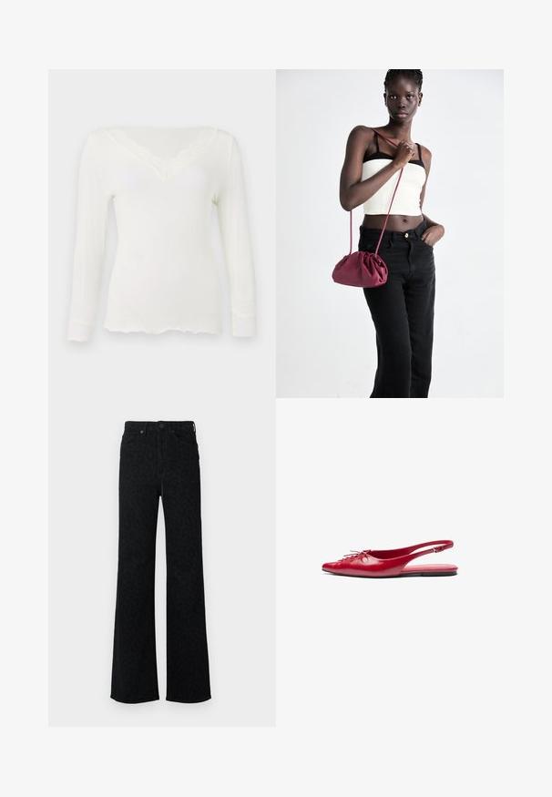 Cămașă albă cu mânecă lungă, decorată cu dantelă la gulerul în formă de V și la mansete, având o siluetă moale, ajustată și o margine ondulată.; Jeans negre cu talie înaltă, cu un model subtil de leopard, picioare drepte și largi, nasture în față și buzunare.; Sandalete plata roșii din piele cu vârf ascuțit și un detaliu decorativ de șireturi în față, având o curea subțire pentru gleznă și talpă plată.; Geantă dintr-un material moale de culoare burgundă, cu un design plisat și o curea lungă, purtată pe umăr. Modelul poartă un top alb scurt și blugi negri.