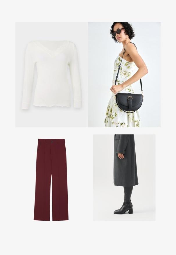 Hvid langærmet skjorte med blondertrim ved V-halsen og manchetterne, der har en blød, tætsiddende silhuet og bølget kant.; Bordeauxbukser med bred ben-design, der har en knaplukning, to sidelommer og plissee detaljer foran. Glat stofstruktur.; Grå, skræddersyet frakke med lige snit; parret med knæhøje sorte læderstøvler med firkantet tå og kraftig hæl.; Sort læderhåndtaske med en buet form, aftagelig rem og guldfinish. Tasken har en klap med en spænde detalje.