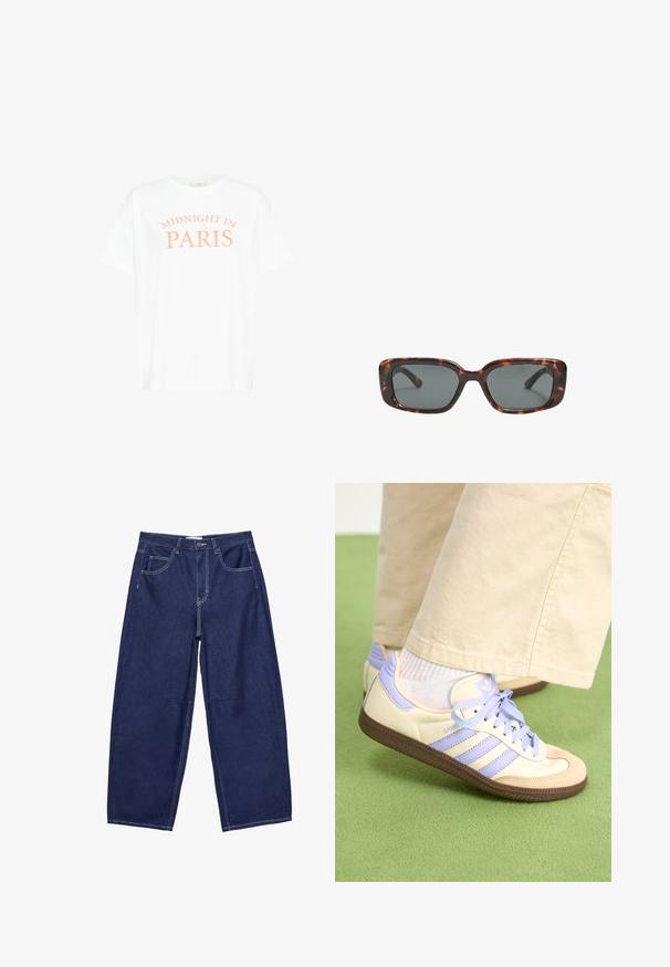 T-shirt bianca in cotone con maniche corte, caratterizzata dalla scritta "MIDNIGHT IN PARIS" in colore pesca, centrata in un design curvo.; Pantaloni a gamba larga in denim blu scuro con vita alta, cinque tasche e cuciture bianche a contrasto. Texture liscia, design classico.; Sneakers crema e lavanda con tre strisce e suola marrone texturizzata, dotati di lacci e tallone imbottito. Parte superiore in tessuto morbido.; Occhiali da sole tartaruga con lenti rettangolari, montatura spessa e lenti scure. Texture liscia e design minimalista.