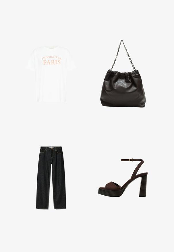 T-shirt blanc en coton à manches courtes, arborant le texte "MIDNIGHT IN PARIS" en couleur pêche, centré dans un design courbé.; Jeans en denim foncé avec un design à coupe droite, fermeture à bouton en laiton et coutures jaunes contrastantes. Comprend cinq poches et une coupe classique.; Sandale à talons hauts en suede marron avec un bout ouvert, une bride de cheville réglable et une semelle de plateforme rayée.; Sac en cuir marron avec un haut froncé et une bandoulière en chaîne. Texture lisse avec une finition brillante et des coutures subtiles sur les côtés.