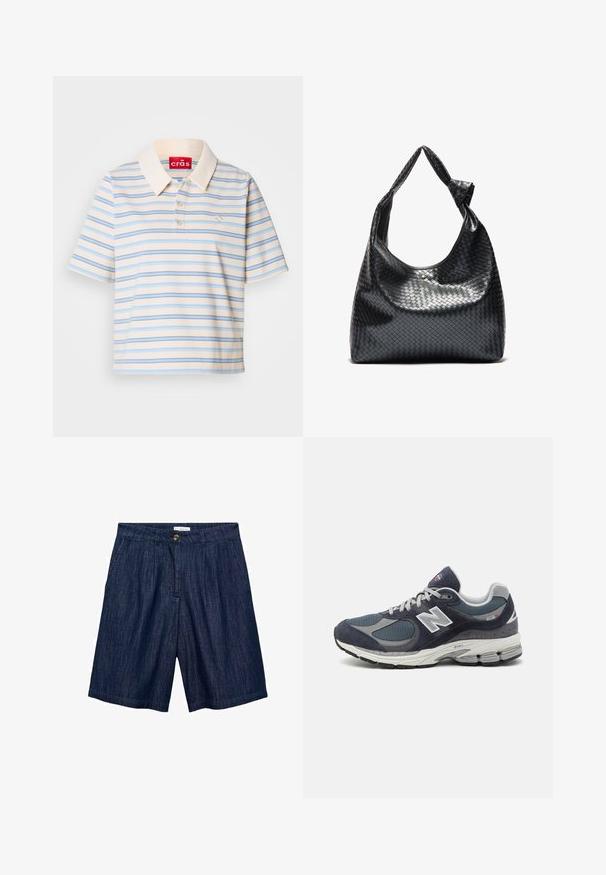 Krátky rukáv polo tričko v krémovej farbe s modrými a hnedými vodorovnými pruhmi, s gombíkmi na golieri a malým logom na ľavej strane hrudníka.; Tmavomodré denimové šortky s rovný strihom, prednými záhybmi, zapínaním na gombík a dvoma bočnými vreckami. Hladká textúra s jemným prešívaním.; Tenisky New Balance s námorníckou sieťou a zvrškom z semišu, so šedými akcentmi, bielym logom, polstrovanou podrážkou a textúrovanými detailami.; Čierna tkaná kožená kabelka s voľným dizajnom, vybavená uzlovou rukoväťou a malým dekoratívnym zlatým nýtom na vrchu.