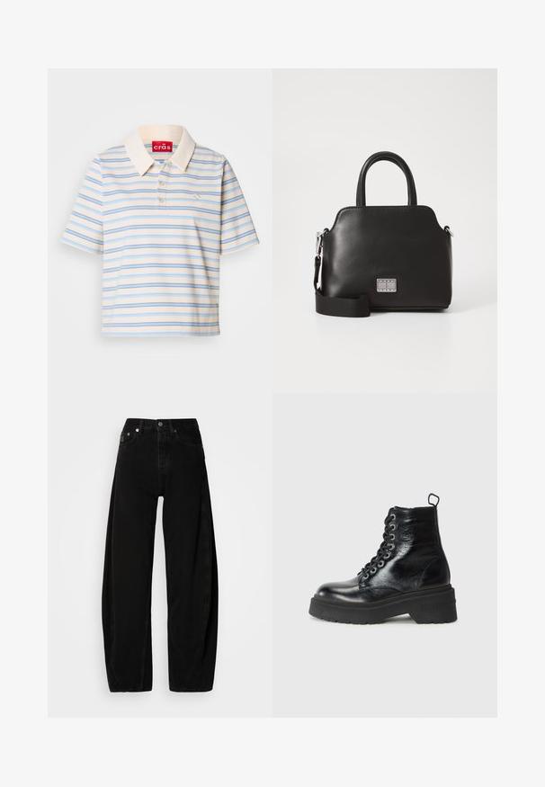 Krátky rukáv polo tričko v krémovej farbe s modrými a hnedými vodorovnými pruhmi, s gombíkmi na golieri a malým logom na ľavej strane hrudníka.; Čierne denimové nohavice širokého strihu s vysokým pásom, s knoflíkovým zapínaním, piatimi vreckami a minimálnymi detailmi šitia.; Čierne členkové topánky s lesklým povrchom, vybavené hrubou platformovou podrážkou a šnurovacím dizajnom, na ktorých je výrazne zobrazená značka "TOMMY."; Čierna syntetická kabelka s vrchnými uchami, odnímateľným ramenným popruhom, okrúhlym tvarom, hladkou textúrou a strieborným logom na prednej strane.
