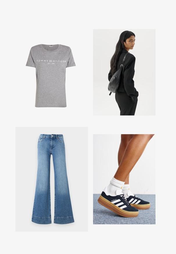 Grå bomuld t-shirt med korte ærmer og rund hals, prydet med "TOMMY HILFIGER EST. 1985" logo i hvidt på brystet.; Lys blå denim flared jeans med høj talje, brede ben og en let falming. Har klassisk fem-lomme-design og metal knaplukning.; Sorte sneakers i ruskind med hvide striber og detaljer, rundet tå, ydersål i gummi, kombineret med hvide ribstrikkede crew sokker.; Kvinde med langt, mørkt hår iført en sort dragt, bærende en sort læder skuldertaske, som ser over sin skulder mod en hvid baggrund.