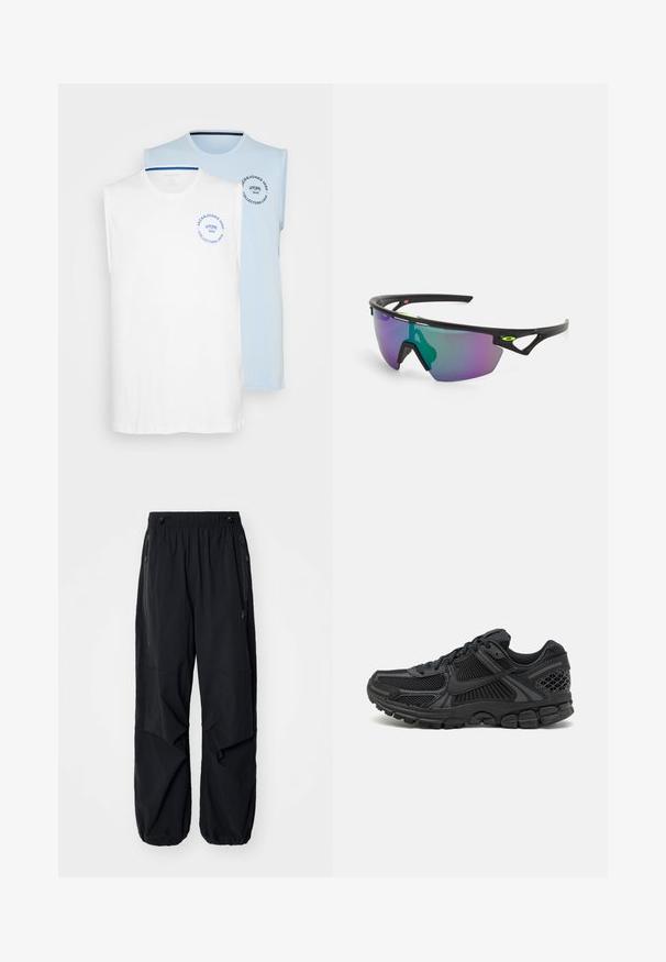 To t-skjorter uten ermer i hvit og lyseblå. Begge har rund hals og trykte logoer i blått. Myk bomullsstoff.; Sorte lettvekts cargo-bukser i svart med elastisk midje, sidelommer med glidelås og romslige lommer. Har en løs passform og innsnørede mansjetter.; Sorte atletiske sko med mesh-overdel, gummisåle og teksturerte detaljer. Designet inkluderer uttalt snøringssystem og polstret såle.; Sports solbriller med en svart ramme, store gradientlinser i lilla og grønne nyanser, samt vinklede designaksenter med logo-detalj.