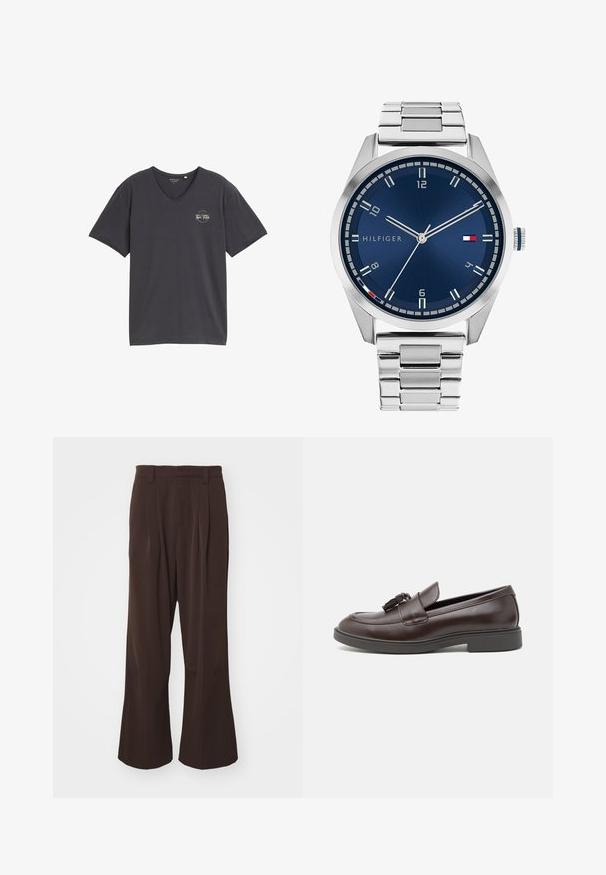 Szary t-shirt z dekoltem w kształcie litery V, wykonany z miękkiego materiału. Posiada krótkie rękawy oraz okrągłe logo z napisem po lewej stronie klatki piersiowej.; Brązowe spodnie szerokie nogawki z wysokim stanem, z fałdami z przodu i pętelkami na pasek, wykonane z gładkiego, lekkiego materiału.; Brązowe skórzane mokasyny z zaokrąglonym noskiem, dekoracyjnym chwostem, szytymi detalami i niskim gumowym obcasem dla dodatkowego komfortu.; Srebrny zegarek metalowy z satynową niebieską tarczą, białymi znacznikami godzin oraz wyświetlaczem daty. Posiada ogniwowy metalowy pasek i logo marki.