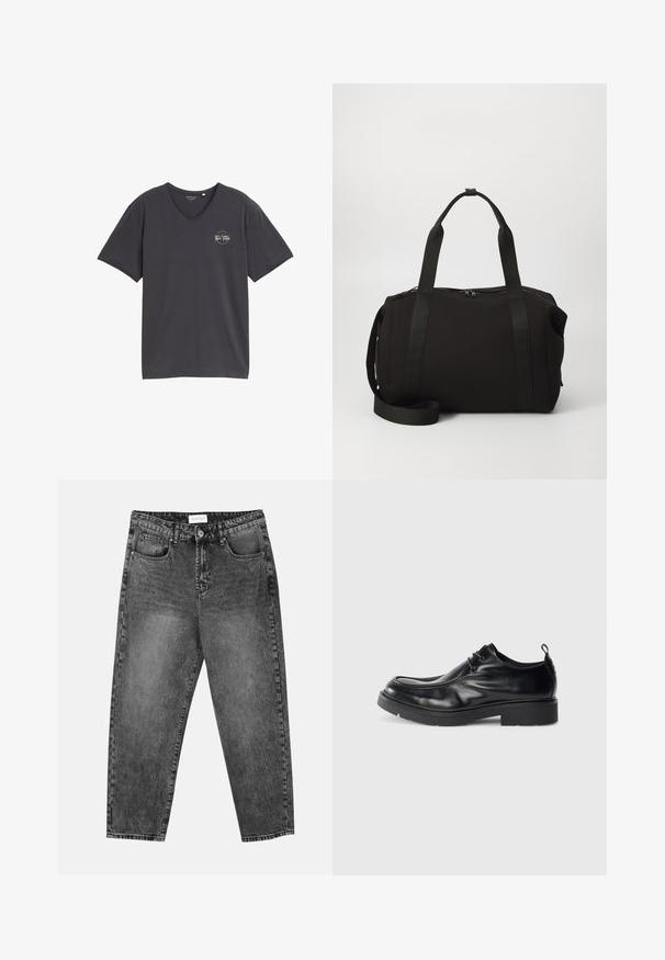 Szary t-shirt z dekoltem w kształcie litery V, wykonany z miękkiego materiału. Posiada krótkie rękawy oraz okrągłe logo z napisem po lewej stronie klatki piersiowej.; Czarne jeansy o prostym kroju, prane na czarno, z kieszeniami z przodu i z tyłu, szlufkami na pasek oraz z zapięciem na guzik w pasie.; Czarne skórzane buty na elegancką okazję z okrągłym noskiem, sznurówką z przodu i ozdobnym szwem. Posiadają grubą, teksturowaną gumową podeszwę oraz pętelkę na pięcie.; Czarna torba typu duffel z grubymi rączkami i odpinanym paskiem. Wykonana z gładkiego materiału, z zapięciem na zamek błyskawiczny i minimalistycznym wzornictwem.