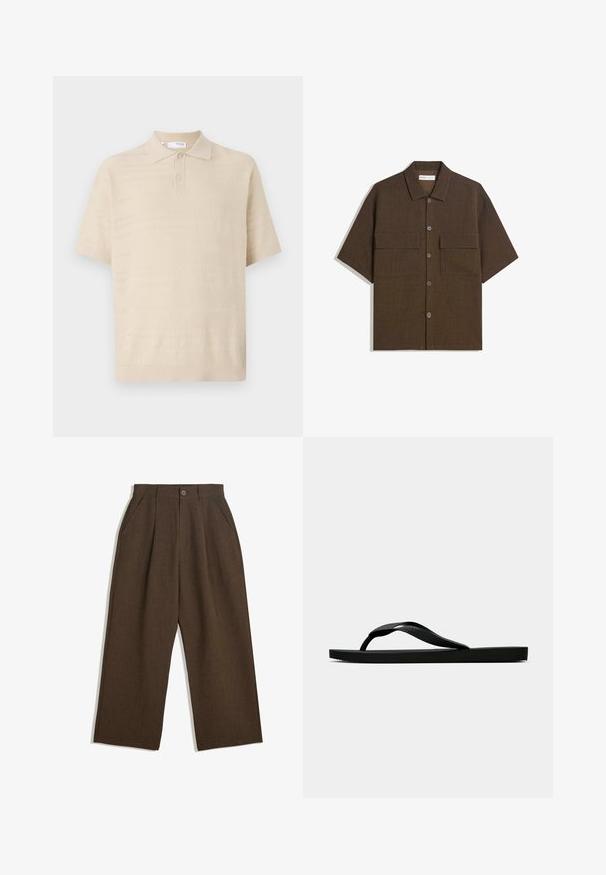 Bežna pletena polo majica s ovratnikom, kratkim rukavima in teksturiranimi horizontalnimi vzorci. Dva gumba na vratu. Mehak material.; Kratka majica s kratkimi rokavi, temno rjave barve, izdelana iz teksturiranega materiala. Ima gumbno zapiranje in dve žepek na prsih. Prijeten slog z ohlapnim krojem.; Svetlo rjave plisirane hlače širokega kroja, z gumbom za zapiranje in stranskimi žepi, izdelane iz teksturirane tkanine, primerne za vsakodnevno nošenje.; Črne gumijaste japonke s teksturirano thong naramnico in preprostim ravnim podplatom, prikazane s strani na enobarvni svetli podlagi.