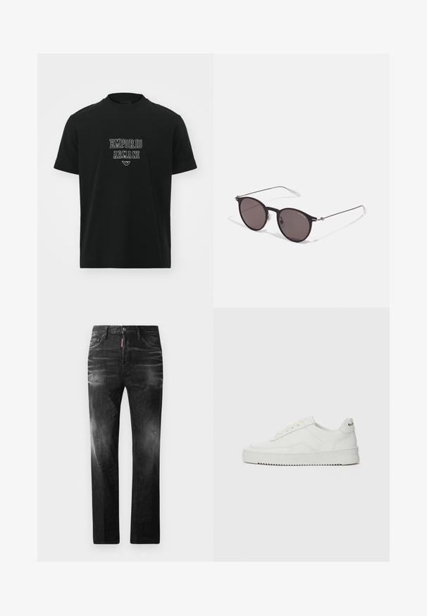 Emporio Armani Marškinėliai su spaudiniu - black font; Juodi džinsai su tiesiu kirpimu. Spalvoti svyrantys plotai, šiek tiek sugadinti, klasikinis penkių kišenių dizainas ir mygtuko uždarymas.; Balti odiniai sportiniai bateliai su lygia apdaila, apvaliu pirštu, plokščiais raišteliais ir tekstūruotu padu. Pasižymi subtiliu logotipu ant kulno.; Juodos apvalios saulės akinių su tamsiais lęšiais ir plonomis metalinėmis šakomis. Įtraukti skaidrūs šventyklų galai ir sidabriniai akcentai vyrio srityje. Minimalistinis dizainas.
