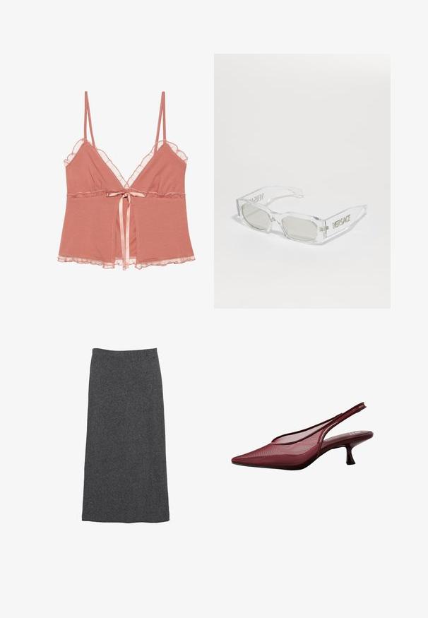 Camisole roz prăfuit cu dantelă la margine, bretele subțiri ajustabile și un cordon din satin la talie. Material moale cu un design fluid.; Fustă maxi din lână gri, cu croială dreaptă și talie elastică, având o textură moale și un finisaj neted. Fără modele sau accente vizibile.; Pumpinguri burgundy cu spate descoperit, cu vârf ascuțit și partea superioară din plasă. Au un toc subțire și un design decupat, oferind o siluetă elegantă.; Ochelari de soare din plastic transparent cu lentile gri, formă rectangulară, logo-ul „Versace” embosat pe brate, evidențiind un design modern.