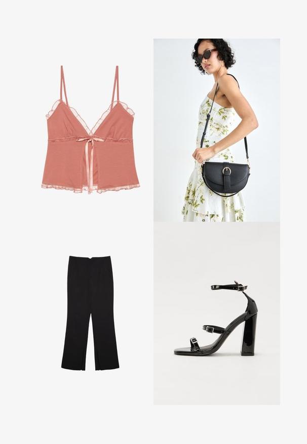 Prachově ružová kamarová blúzka s čipkovým lemem, nastaviteľnými ramienkami a saténovým opaskom v páse. Mäkko tkanina s voľným strihom.; Čierne nohavice so strihom rovného strihu, s prednými vreckami a bočnými rozparkami na leme. Vyrobené z mäkkej, hladkej tkaniny. Vhodné na rôzne príležitosti.; Čierne lakované sandále na podpätku so štvorcovou špičkou, navlečenými remienkami okolo členku a striebornými prackami. Disponujú masívnym blokovým podpätkom pre stabilitu.; Čierna kožená kabelka s zaobleným tvarom, odnímateľným popruhom a zlatými doplnkami. Kabelka má klopu s detailom s prackou.