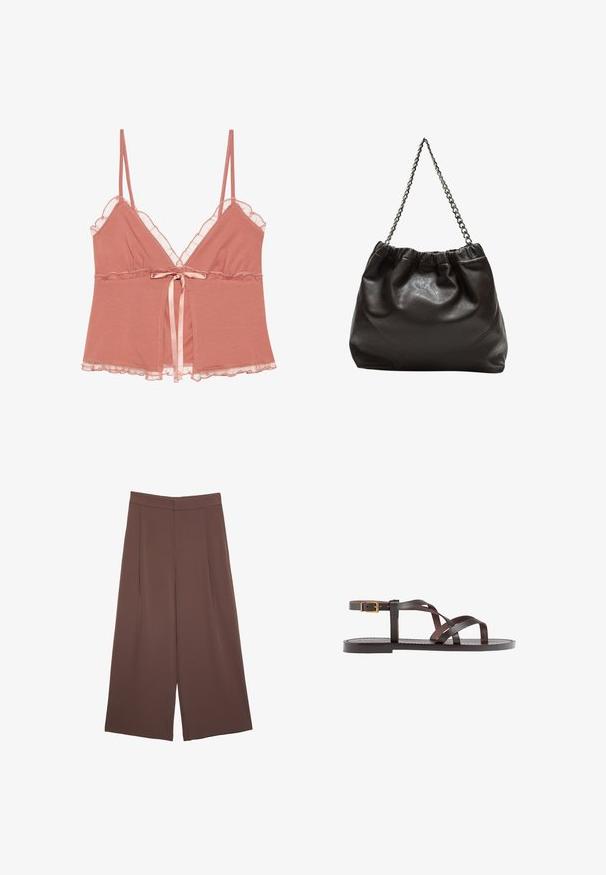 Camisole v barvi prahu rož, z čipkastim robom, nastavljivimi naramnicami in satenskim trakom v pasu. Mehka tkanina z tekočim dizajnom.; Rjave široke hlače z gladko teksturo, ki imajo visok pas in sprednje naborke. Tkanina je lahka in prosto pada.; Rjav usnjen sandal z načinom prečnega črta, zaklepom okoli gležnja in ravnim podplatom z minimalnimi šivi.; Rjava usnjena torba z nabranim vrhom in verižnim trakom. Gladka tekstura z sijajno površino in subtilnimi šivi na straneh.