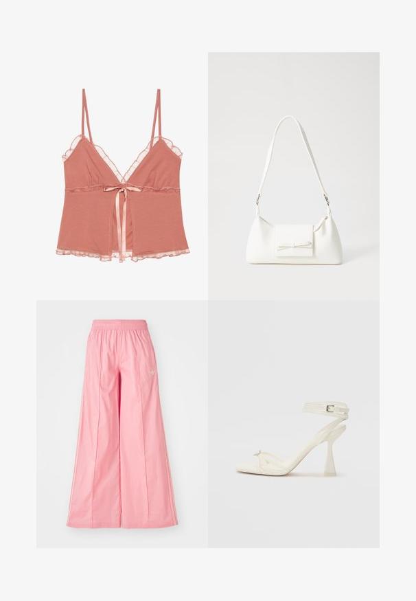 Dusty rose camisole with lace trim, adjustable spaghetti straps, and a satin tie at the waist. Soft fabric with a flowing design.; Pink wide-leg pants made of lightweight fabric, featuring an elastic waistband and subtle white side stripes. Small logo on the front.; Strappy high-heeled sandal in white leather with a sleek design, a transparent block heel, and a decorative element at the toe.; White synthetic handbag with a triangular shape, flat front flap and bow detail, adjustable strap, smooth texture, and minimalistic design.