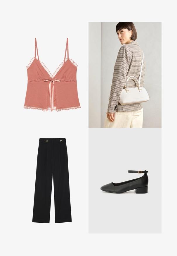 Dusty rose camisole with lace trim, adjustable spaghetti straps, and a satin tie at the waist. Soft fabric with a flowing design.; Black wide-leg trousers with high waist, button details on waistband, and front pleats.; Black leather pump with a pointed toe and a low block heel. Features an ankle strap with a gold-tone buckle. Smooth texture.; White structured handbag with short handles and a shoulder strap, featuring gold hardware accents and textured material, displayed against a grey background.
