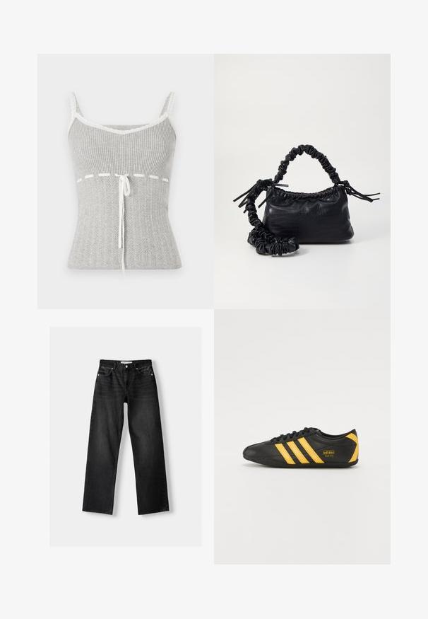 Szürke bordázott ujjatlan felső csipke díszítéssel, V-kivágással, deréknál megkötő részlettel, amelynek textúrája kötött mintára hasonlít.; Bershka Egyenes szárú farmer - mottled dark grey; Fekete bőr sportcipő sárga háromcsíkos mintával, lekerekített orral, fekete fűzővel és kis logóval az oldalon. Alacsony profilú sziluett.; Fekete műbőr kézi táska krokodil bőr textúrával, összehúzható tetejű és gyűrt pánttal. Lágy és kompakt dizájnúnak tűnik.
