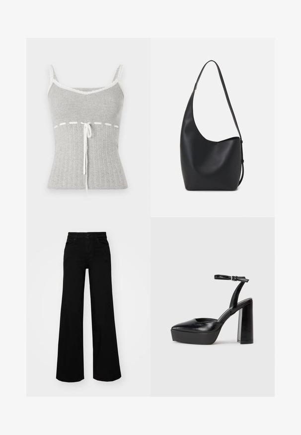 Sivkasta rebrasta majica brez rokavov z čipkastim obrobjem, z v-izrezom, detajlom z vrvico v pasu in teksturo, ki spominja na pleten vzorec.; Črne široke denim hlače s strukturiranim pasom, z zankami za pas in sprednjimi žepi. Gladka tekstura s klasičnim dizajnom.; Črne platforme z visokimi petami in koničastim nosom ter nastavljivim gležnjenjskim trakom. Narejene iz gladke usnje, s kockasto peto.; Črna usnjena hobo torba z gladko teksturo, ukrivljeno obliko in eno nastavljivo naramnico; ima širok odprtina na vrhu.