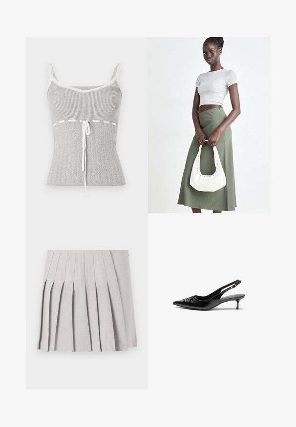 Gray ribbed tank top with thin straps, featuring white lace trim, a drawstring at the waist, and a textured pattern on the fabric.; Gray pleated skirt with a smooth texture, featuring multiple vertical folds and a fitted waistline. Made from lightweight fabric.; Black leather slingback heels with a pointed toe, low kitten heel, and gathered detail on the vamp. Smooth texture and minimalist design.; Gray ribbed crop top and olive green high-waisted skirt. Model holds a white shoulder bag with cut-out detailing. Simple design, fitted silhouette.