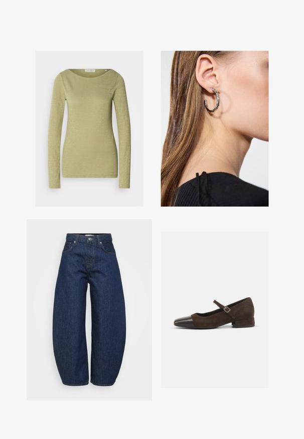Majica z dolgimi rokavi v svetlo olivno zeleni barvi, narejena iz mehke, teksturirane tkanine. Ima širok izrez in prilegajočo se silhueto.; Temno modre jeans hlače iz jeansa z širokim, sproščenim krojem. Imajo zadrgo, štiri žepe in kontrastne šive ob šivih.; Rjava semiš Mary Jane čevlja s črnimi patentiranimi usnjenimi konicami, nastavljivim trakom in nizko blok peto. Gladka tekstura z minimalnimi akcenti.; Srebrna obročasta uhana s polirano površino, ki vključuje majhne zlate poudarke in okroglo obliko, nošena na ušesnem lobu.
