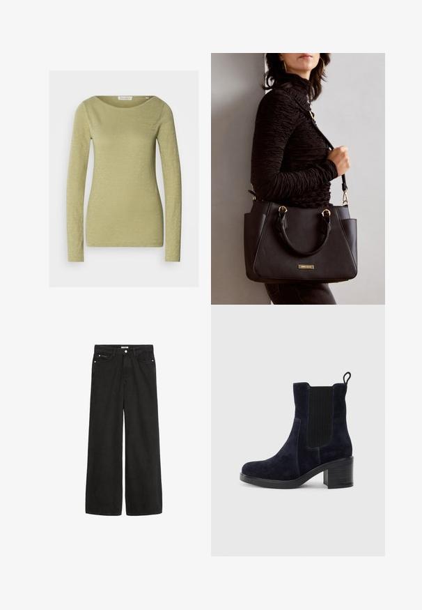 Dugih rukava gornji dio u svijetlo maslinastoj zelenoj boji, napravljen od meke, teksturirane tkanine. Ima široki izrez i prilagođeni siluetu.; Crne traperice širokih nogavica s visokim strukom. Ima pet džepova, metalne detalje i čisti završetak. Tekstura je glatka i mekana.; Tamno plavi antilop čizmi do gležnja s elastičnom bočnom panelom, zaobljenim vrhom i blok petom. Teksturni materijal i glatka đon dodaju kontrast.; Crna torba s teksturiranom površinom, dvostrukim gornjim ručkama i podesivom remenom za rame. Ima zlatne metalne detalje i bočne džepove.