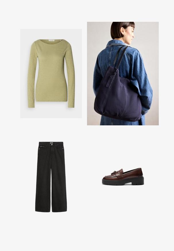 Long-sleeve top in light olive green, made of soft, textured fabric. Features a wide neckline and fitted silhouette.; Wide-leg black denim jeans with a high waist. Features five pockets, metal hardware, and a clean finish. The texture is smooth and soft.; Brown leather loafer with a sleek design, contrasting black platform sole, and decorative tassel accent on the vamp. Smooth texture.; Navy canvas shoulder bag with a soft, structured shape, featuring a black strap, stitched detailing, and a small brand tag.