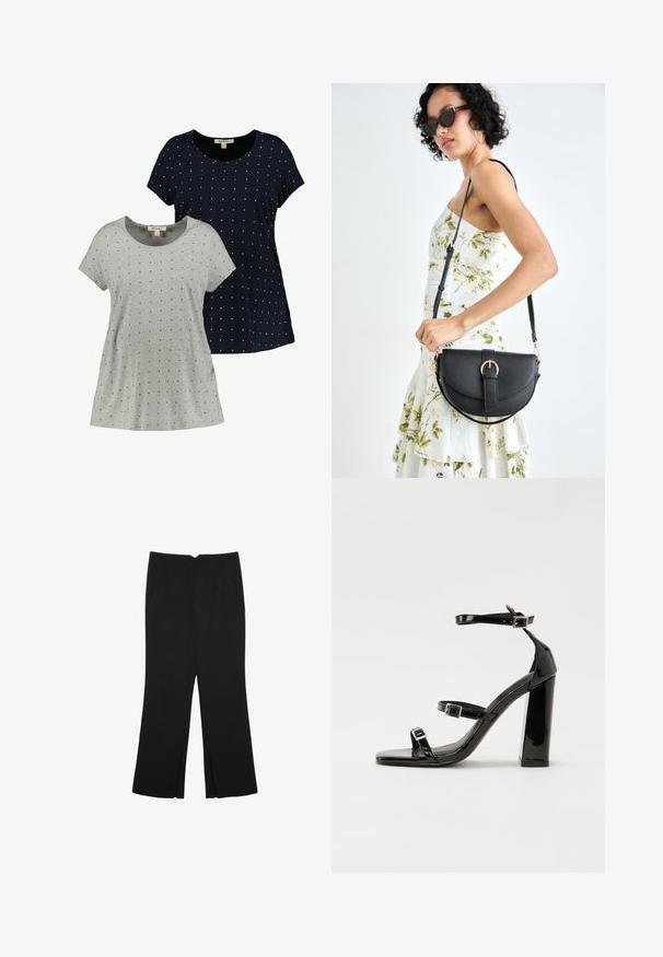 Dvě trička s krátkým rukávem, jedno šedé a jedno námořnické, obě mají malé bílé tečkované vzory, vyrobená z měkké bavlněné tkaniny s kulatým výstřihem.; Černé kalhoty s rovným střihem, s předními kapsami a bočními rozparky na lemu. Vyrobené z jemné, hladké tkaniny. Vhodné na různé příležitosti.; Černé lakované sandály na podpatku se čtveratou špičkou, lýtkovými pásky a stříbrnými přezkami. Disponují masivním blokovým podpatkem pro stabilitu.; Černá kožená kabelka s křivkovým tvarem, odnímatelným popruhem a zlatými detaily. Kabelka má klopu s přezkou.
