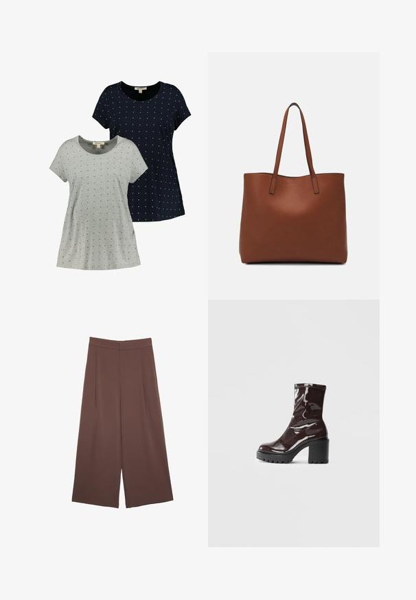 To korte ærmel skjorter, en grå og en marineblå, begge har små hvide prikkemønstre, lavet af blødt bomuldsstof med rund halsudskæring.; Brune bredbunde bukser med en glat tekstur, der har høj talje og plisseringer foran. Stoffet er let og falder løst.; Glatte burgunder ankelstøvler med en chunky sort hæl, der har en glat tekstur og et simpelt design. Ingen synlige lukninger eller mønstre.; Brun læder tote taske med en glat overflade, åben topdesign og to skulderremme. Har minimal syning og ingen synlig hardware.