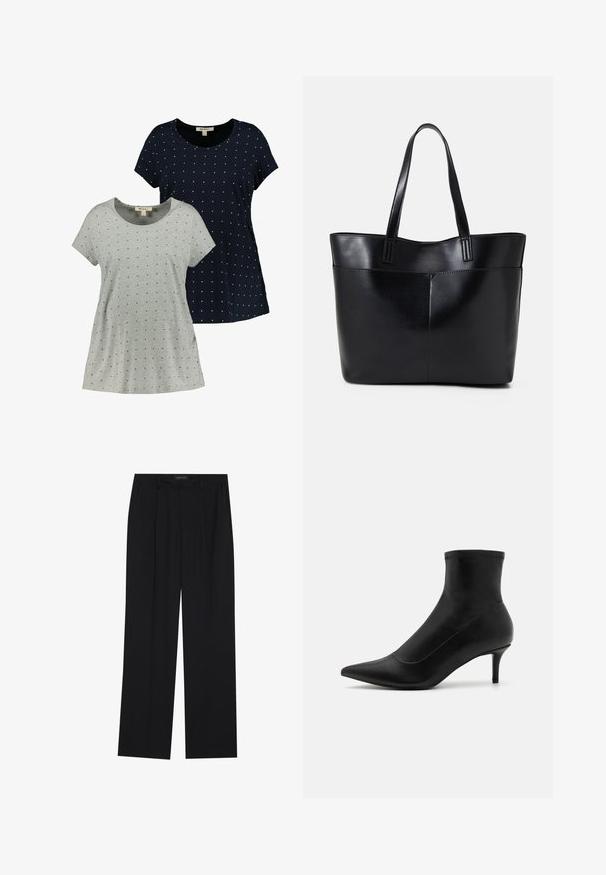 Kaksi lyhythihaista t-paitaa, yksi harmaa ja yksi laivastonsininen, molemmat pienillä valkoisilla pistekuvioilla, valmistettu pehmeästä puuvillakankaasta, jossa on pyöreä kaula-aukko.; Mustat housut suoralla lahkeella, joissa on kaksi etutaskua ja vyötärö. Valmistettu sileästä, kevyestä kankaasta.; Musta nilkkurit, jotka on valmistettu sileästä nahasta, joissa on terävä kärki ja lyhyt, ohut korko. Niissä on saumaton muotoilu ja hienovaraiset tikkauskoristeet.; Musta nahkainen kassi, jossa on kaksi pitkää kahvaa, sileä pinta ja jämäkkä muoto. Sisältää etutaskun lisävarastointia varten.; Kierrettyä hopea hoop-korvakorua kiiltävällä pinnalla, jossa on letitetty pinta ja turvallinen lukitus.