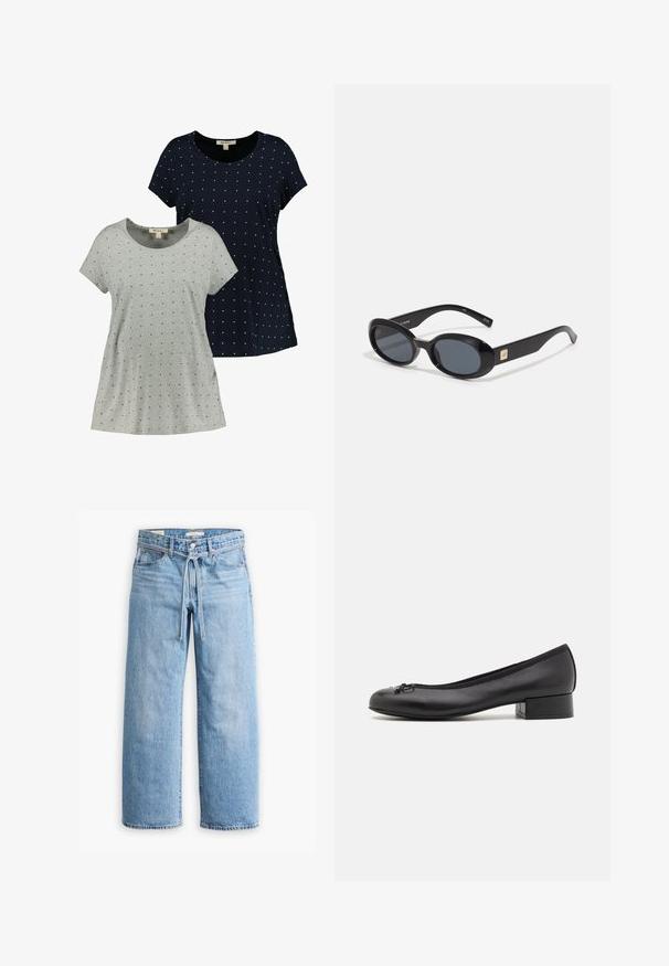 To korte ærmel skjorter, en grå og en marineblå, begge har små hvide prikkemønstre, lavet af blødt bomuldsstof med rund halsudskæring.; Lysblå denim bukser med vid ben, høj talje, knap- og lynlåslukning samt snoretræk i taljen. Raflet kant.; Sorte læderballetsko med en lille rektangulær hæl, rund tå, dekorativ sløjfedetalje og elastisk kant ved åbningen.; Sorte ovale solbriller med mørke linser, glansfuld plastikramme, brede arme og en lille gul accent på den ene side.