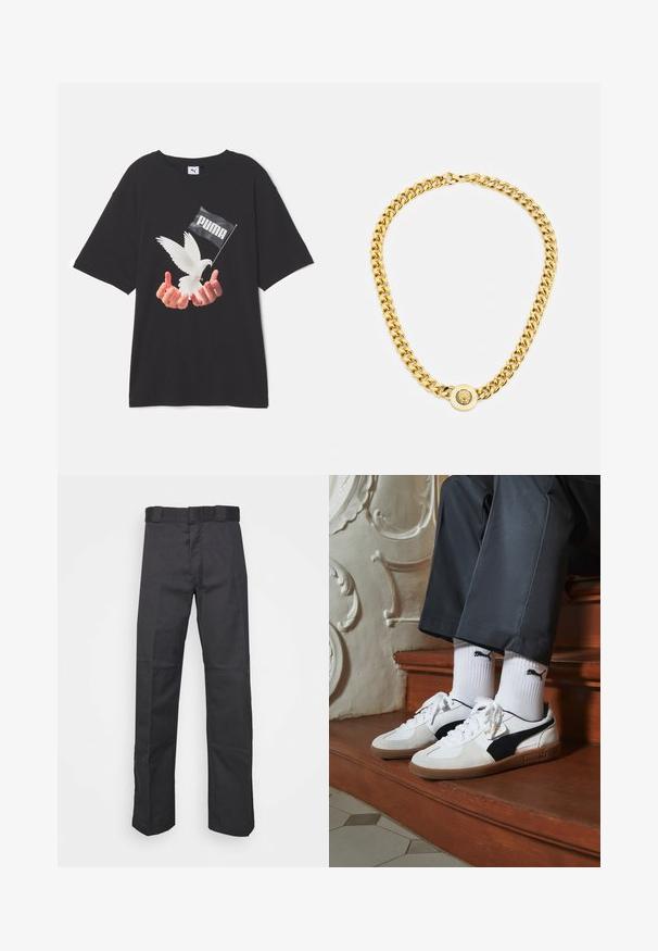 Puma PUMA X MÁS TIEMPO TWENTY FOUR GRAPHIC TEE - Print T-shirt - black; Black pants made of durable fabric, featuring a straight leg design, a waistband with belt loops, and seams for added texture.; Puma sneakers in white and black suede, featuring a brown rubber sole. Paired with white socks displaying a black logo, worn with dark pants.; Gold chain necklace with large interlocking links, featuring a circular pendant detail at the center with a raised emblem.