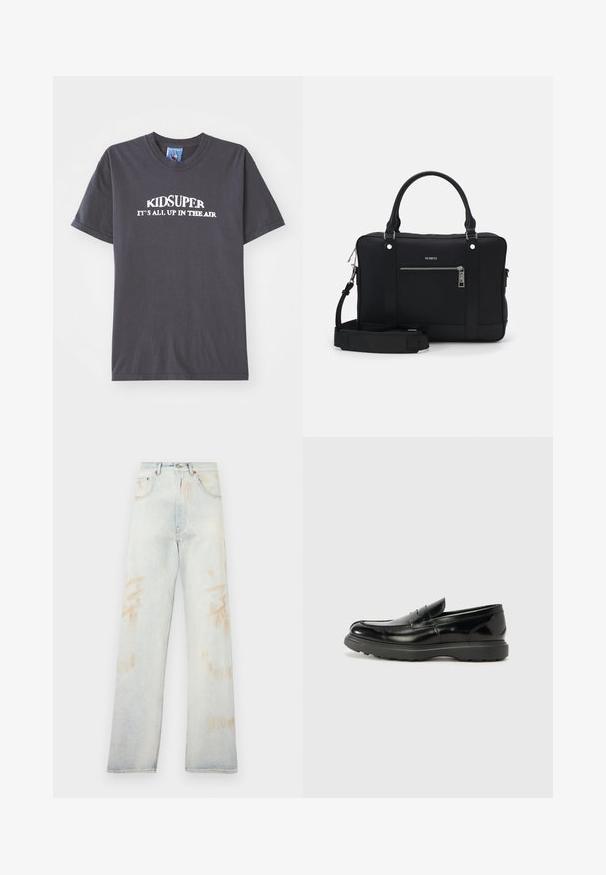 Black cotton t-shirt featuring the text "KIDSUPER IT’S ALL UP IN THE AIR" in white, with a crew neck and short sleeves.; Light blue denim jeans with a high waist, wide leg, and minor faded patches. Features traditional five-pocket design and metal hardware.; Black leather loafer with a glossy finish, rounded toe, subtle stitching details, and a thick rubber sole for durability.; Black synthetic tote bag with two handles, a detachable shoulder strap, front zippered pocket, and silver hardware accents.