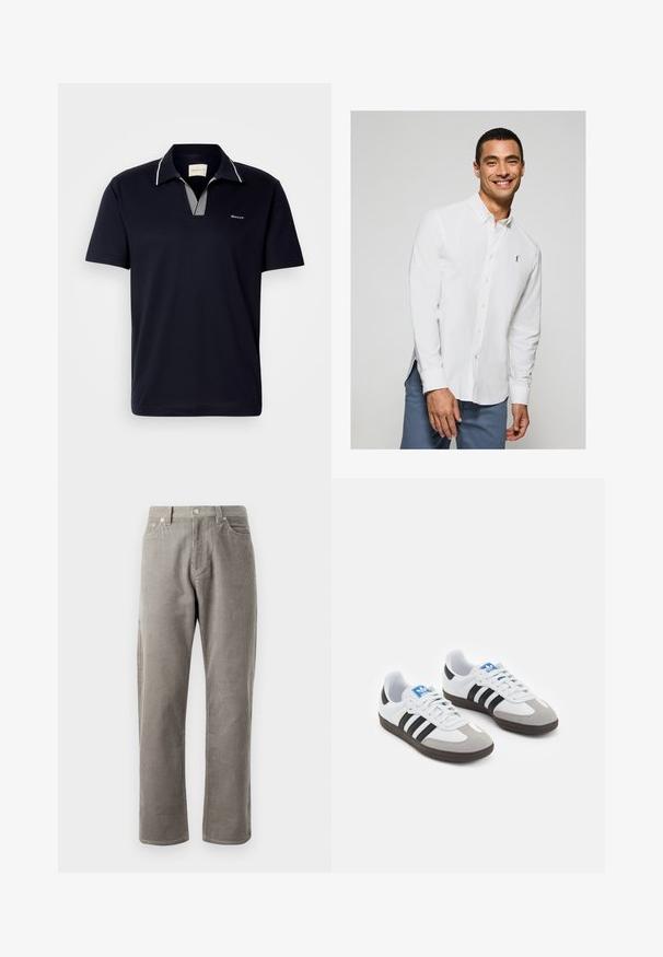Marinblå kortärmad pikétröja i bomull, med randig krage och V-ringning, samt en liten logotyp på bröstet.; Vit långärmad skjorta med knappar och en liten logotyp på bröstet, tillsammans med ljusblå byxor. Slät väv med klassisk krage.; Grå corduroy-byxor med rak benmodell, med hög midja, framficka och diskret vertikal ribbad textur.; Sportskor med överdel i vit läder, grå mocka på tårna och tre svarta ränder. Har en blå logotyp på tungan och en texturerad gummisula.